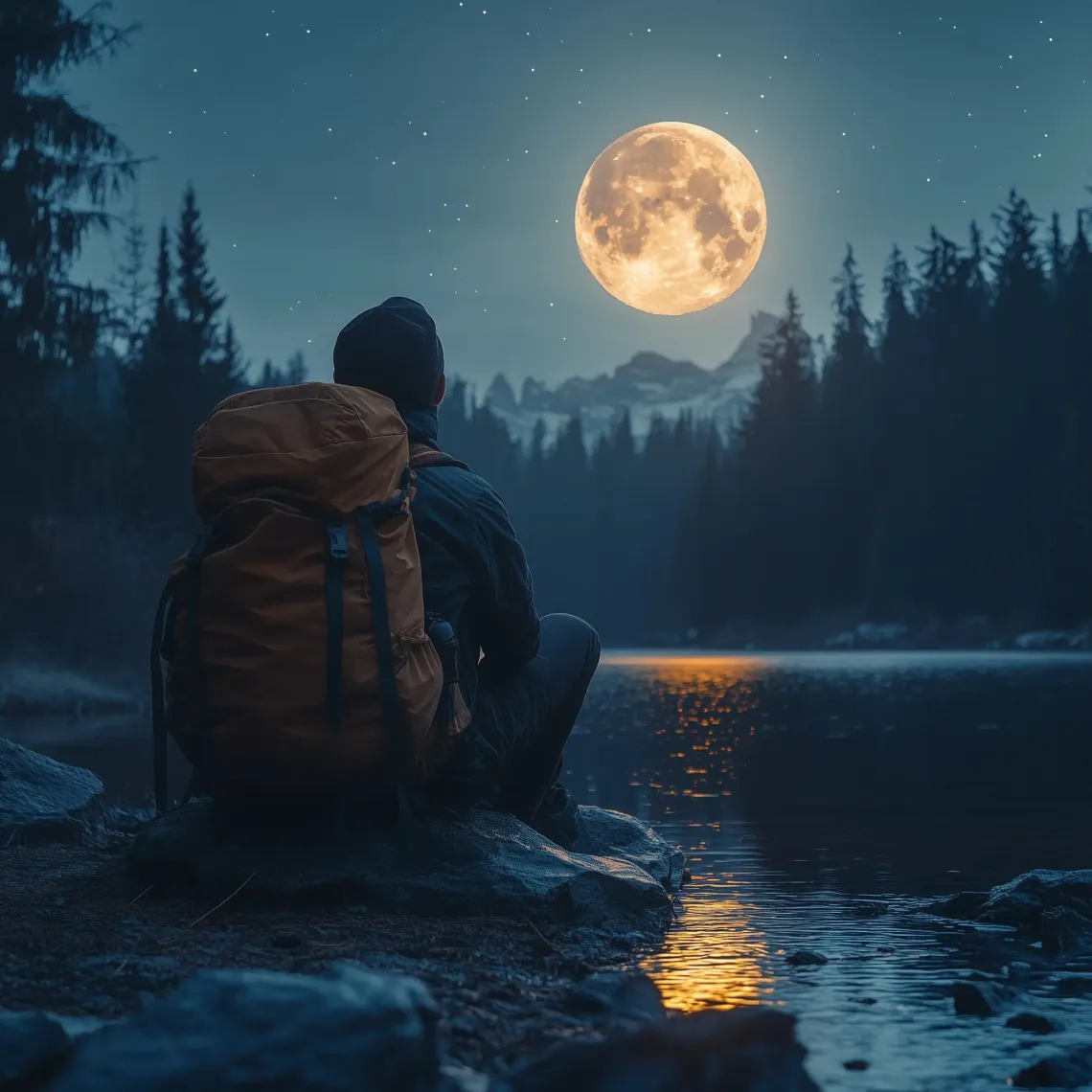 Solitary man sitting on a large rock, gazing at the full moon in the night sky, reflecting in solitude.