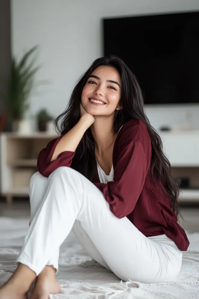 Asian woman sitting on the ground.