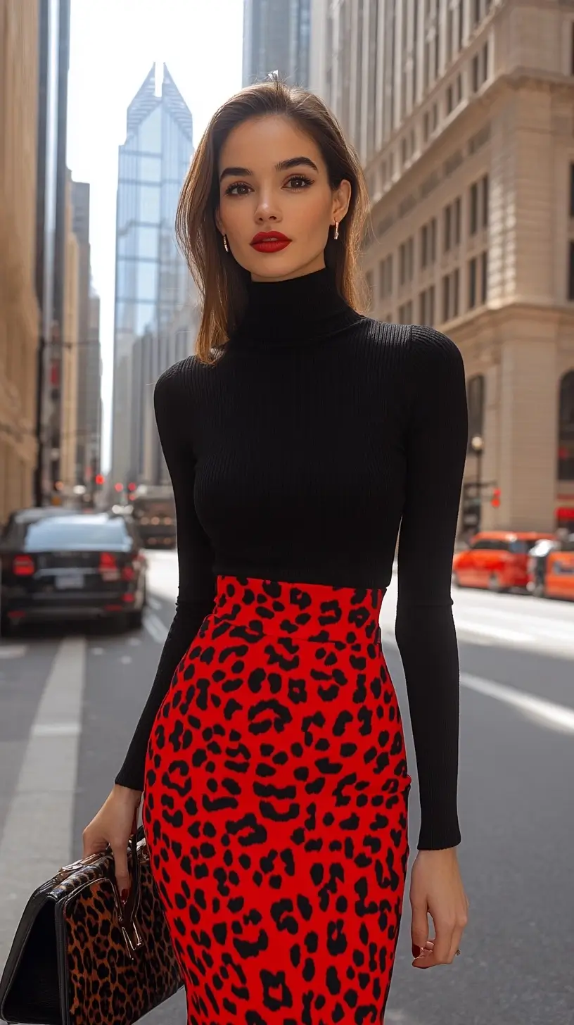 Woman confidently wearing a black turtleneck and red leopard print skirt, exuding bold style.