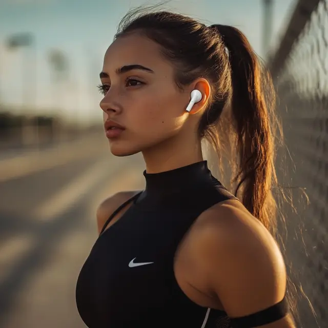 Girl in small white AirPods engaged in sports activity.