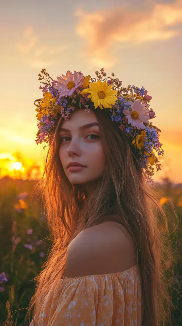 A young woman wearing a vibrant wreath of fresh spring flowers.