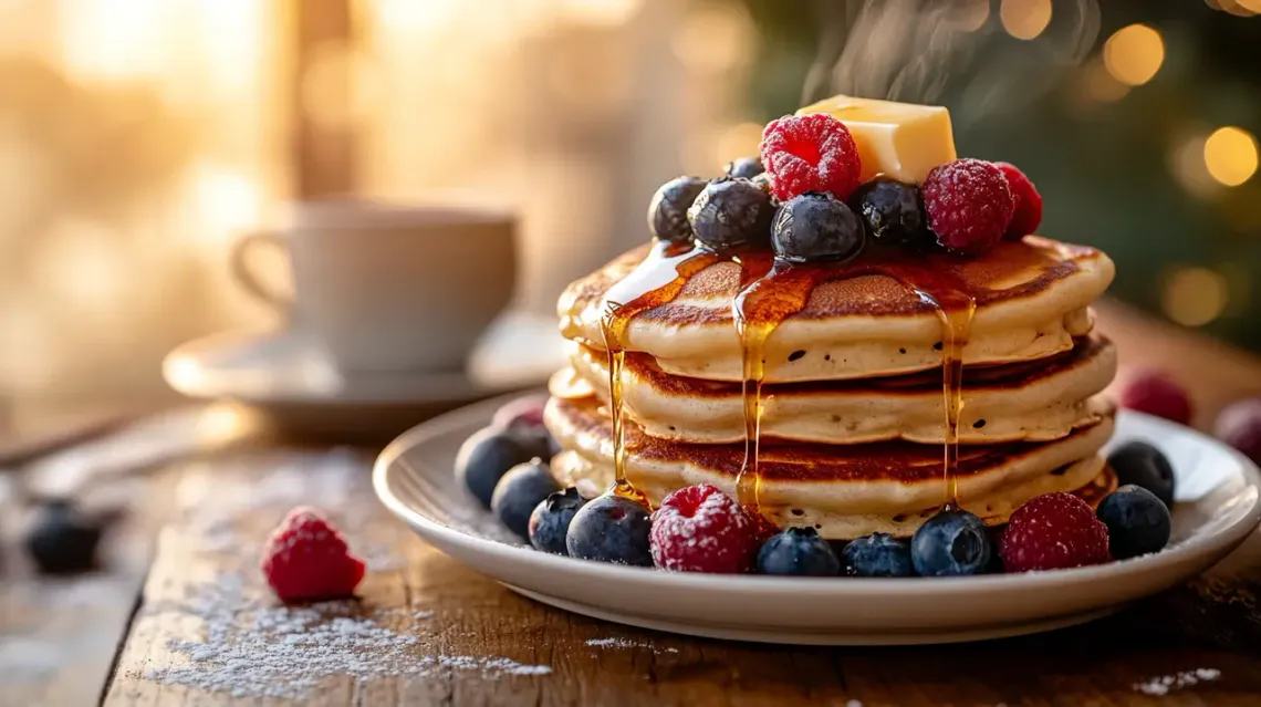 A stack of fluffy blueberry pancakes topped with fresh blueberries.