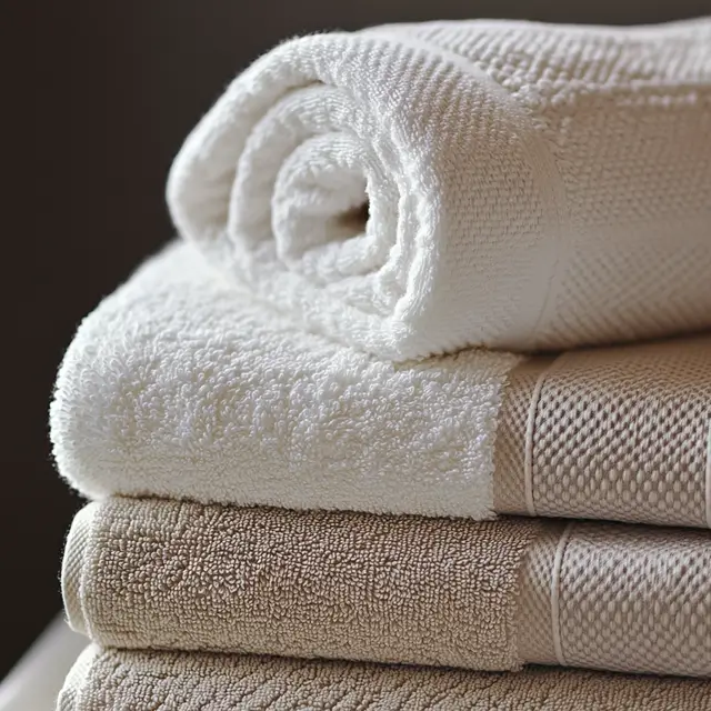 A stack of white towels with a roll of towel placed on top.