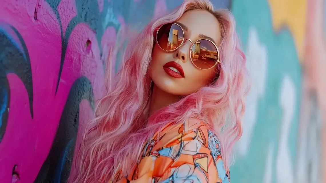 Woman with vibrant pink hair and trendy sunglasses confidently standing next to a wall.