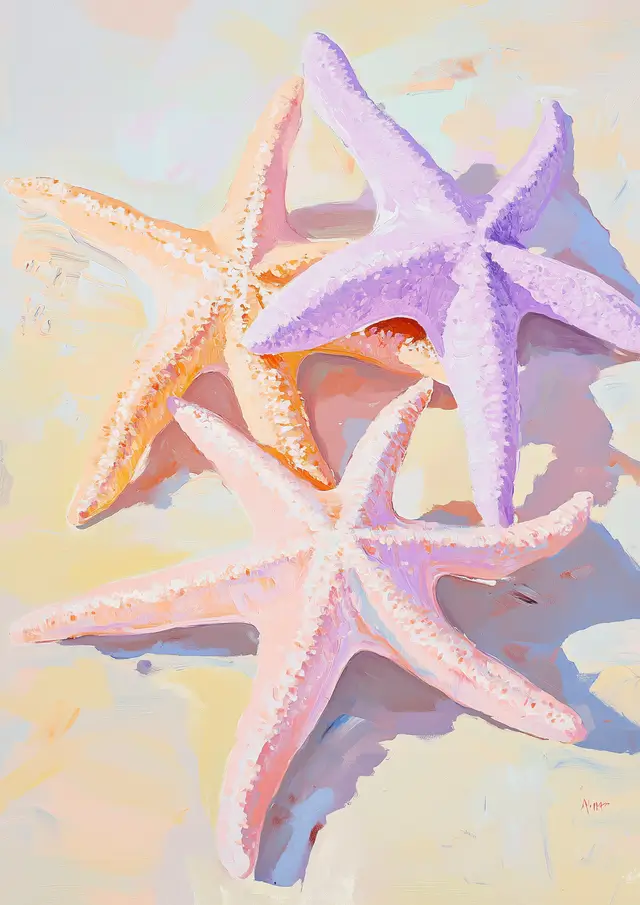 Acrylic painting of a collection of starfish in soft pastel colors.