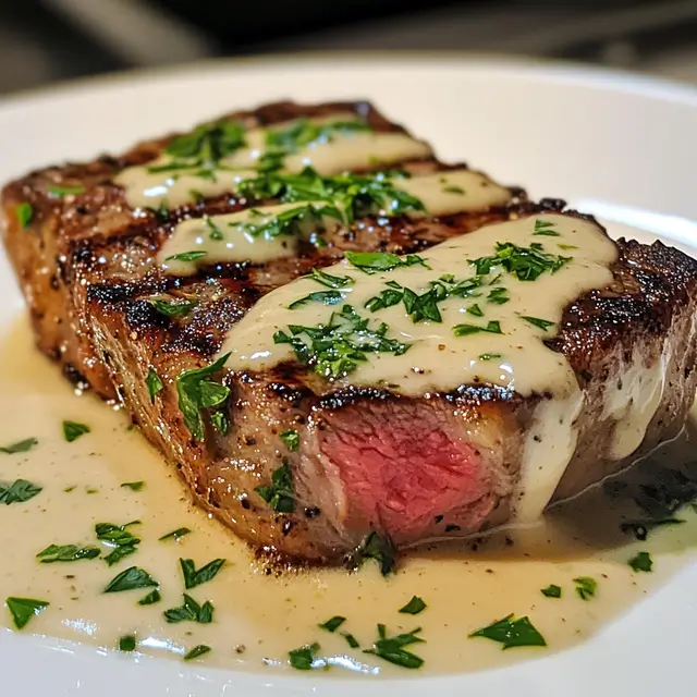 Steak with garlic cream sauce surrounded by assorted ingredients.