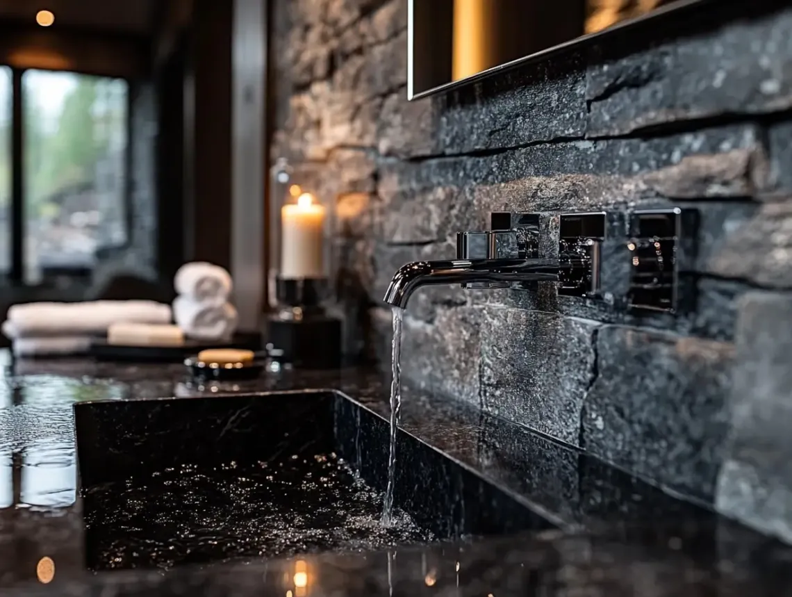 Bathroom sink against a stone wall backdrop with a single burning candle casting a warm glow.