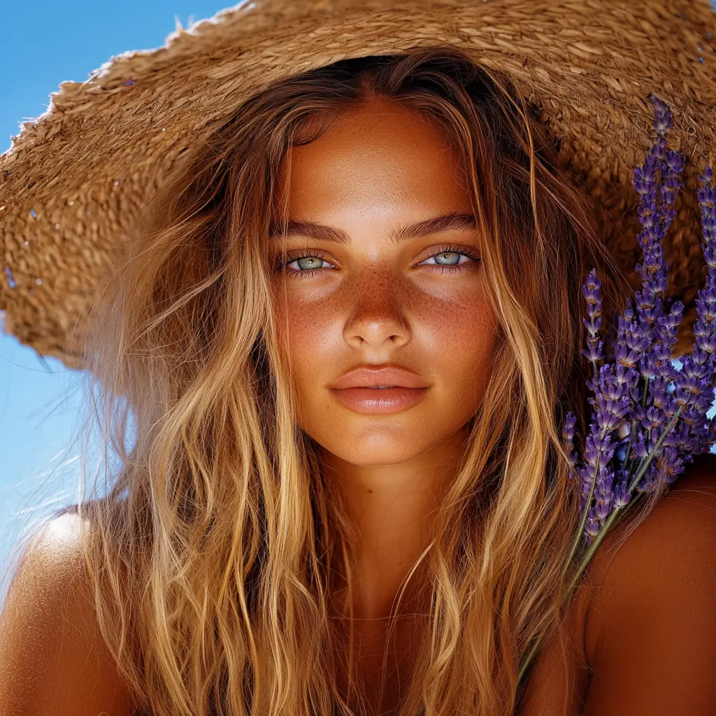 Elegant woman in straw hat adorned with vibrant flowers against a neutral background outdoors.