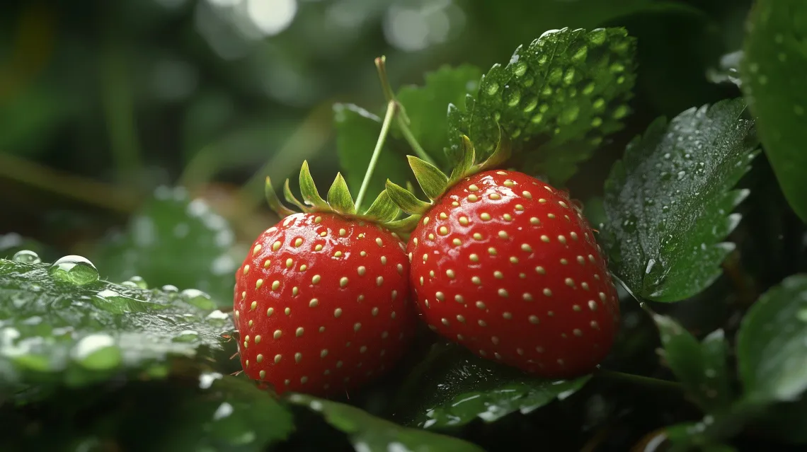 Two ripe, glistening strawberries against lush green foliage, symbolizing summertime freshness.