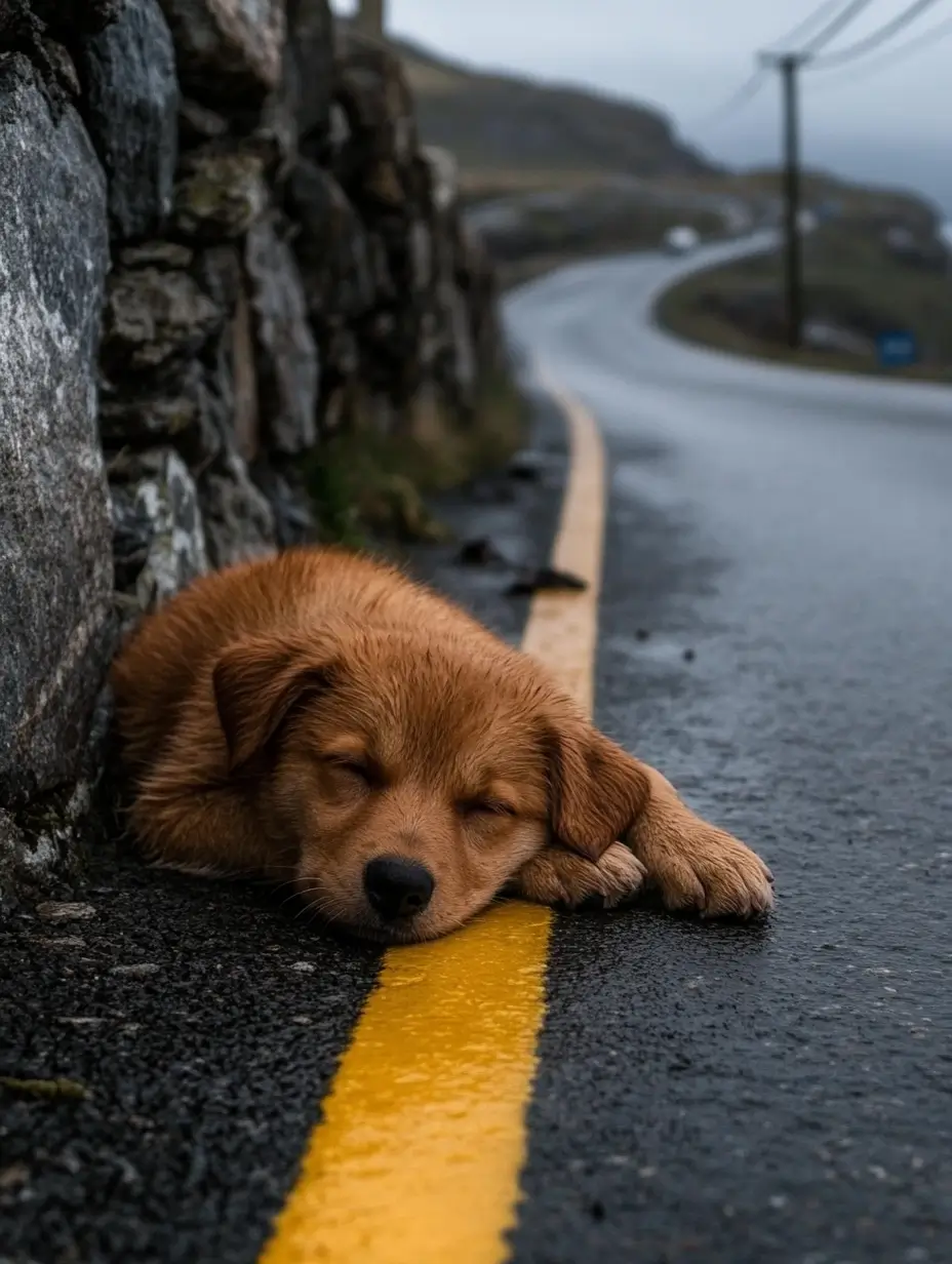 Abandoned dog laying alone on the side of an empty road, highlighting the plight of stray animals.