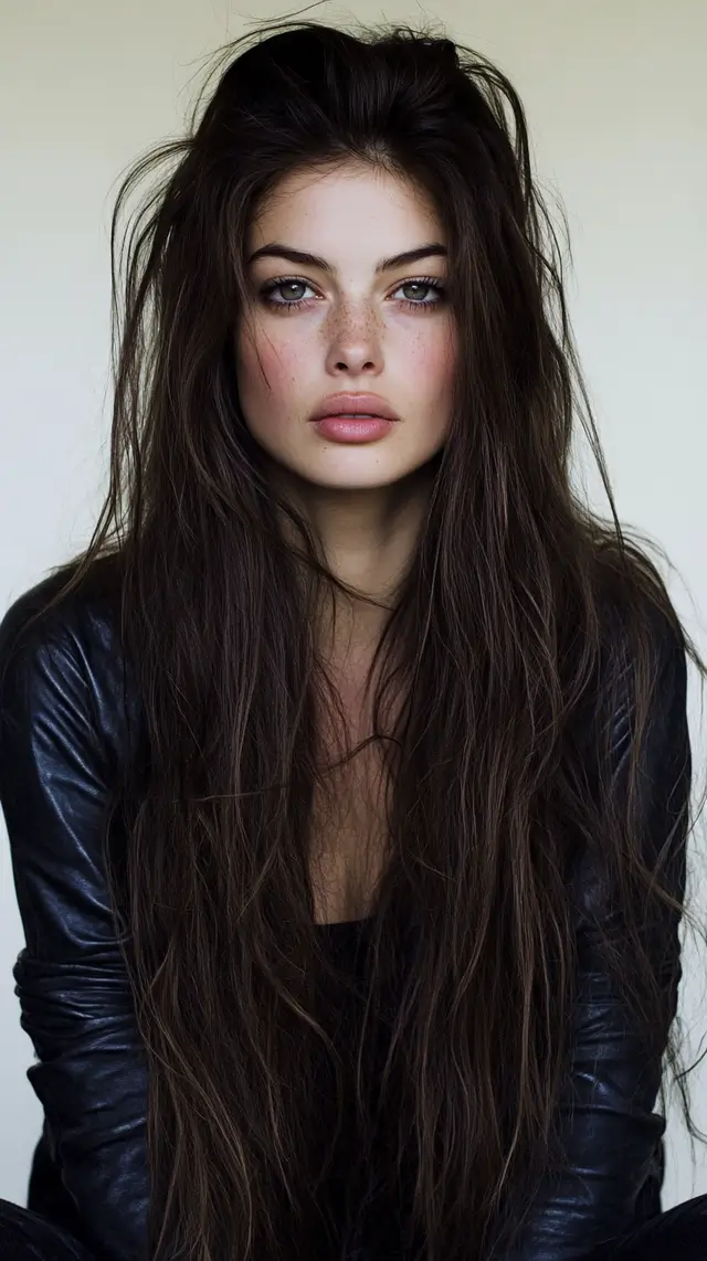 High fashion photo of a woman with long brown hair.