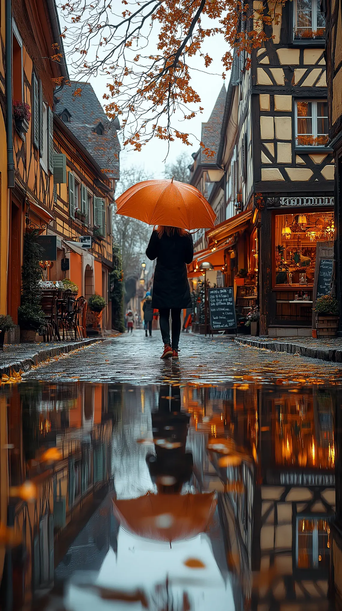 Lone woman casually walking down an urban street with an umbrella, in rainy weather.