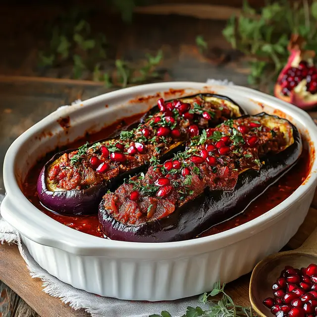 Eggplant stuffed with meat and coated in red sauce.