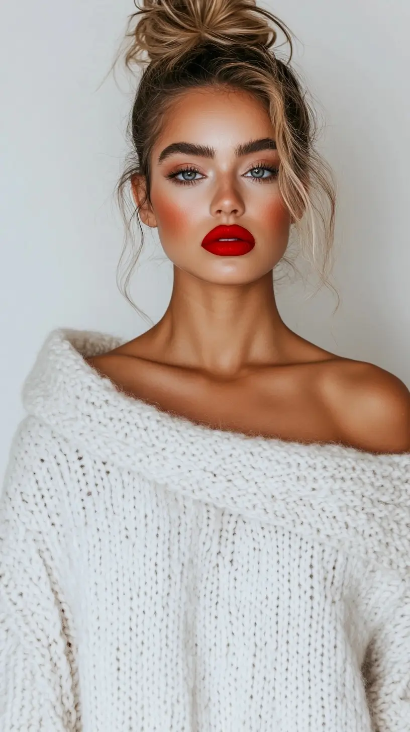 Woman with red lipstick wearing a white sweater, focus of the image.