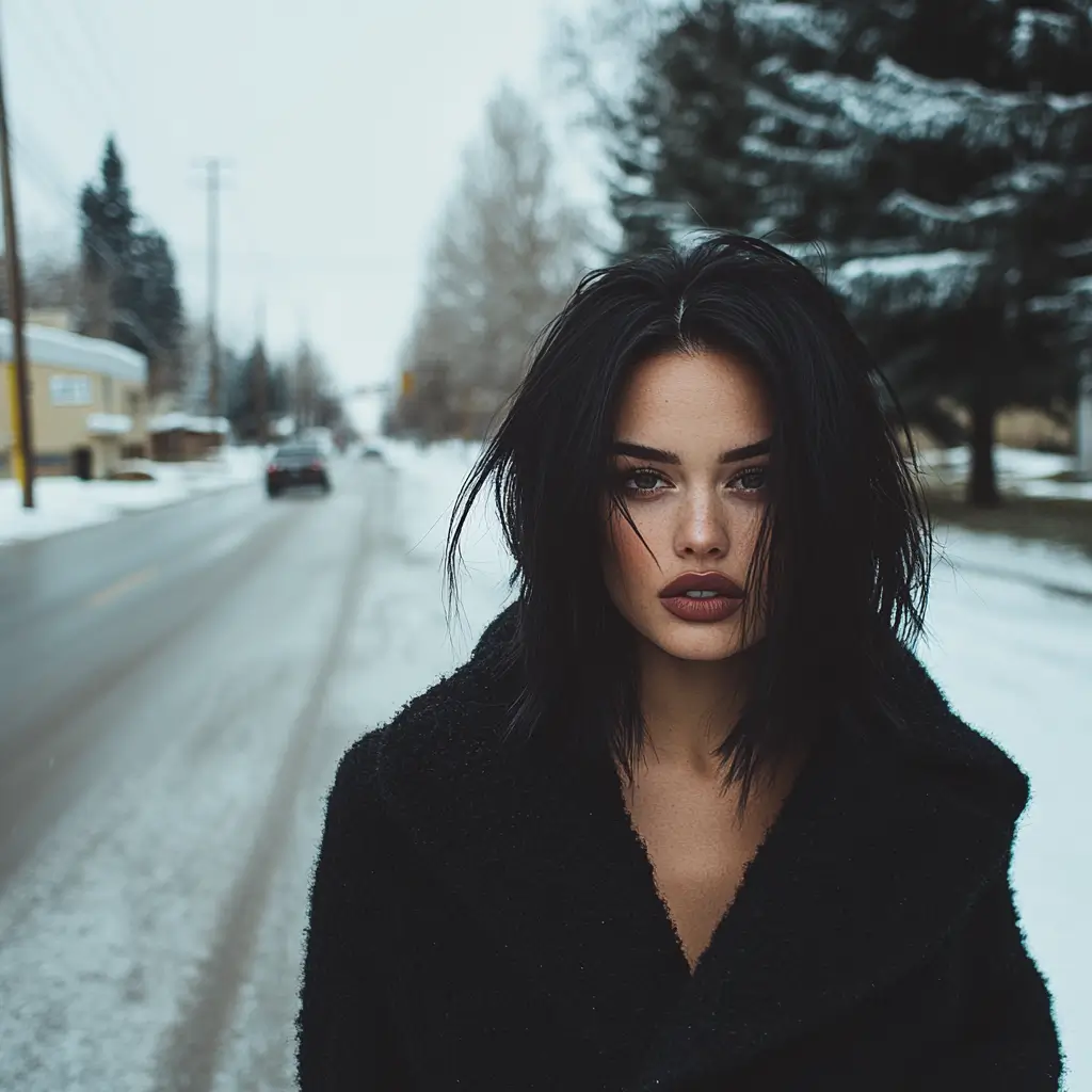 Elegant woman with short straight black hair and a serious expression, wearing a stylish black coat.