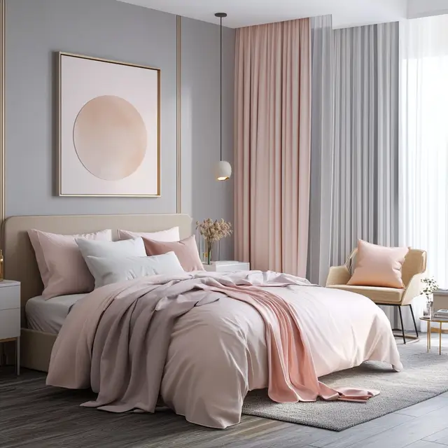 A stylish and modern bedroom decorated in pastel colors.