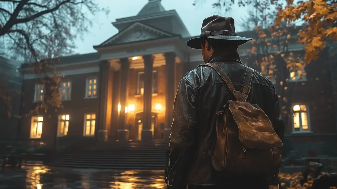 Stylishly dressed man with a hat standing in front of a building.