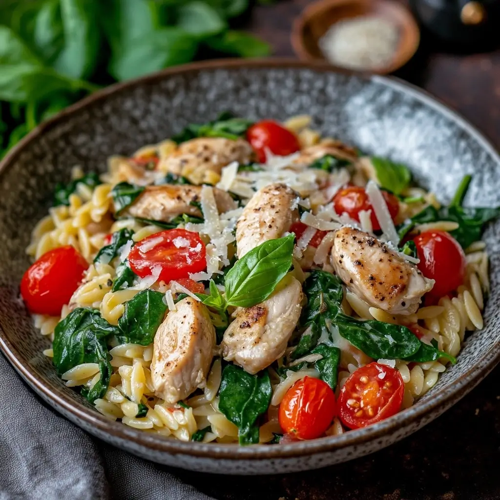 Bowl of pasta with chicken, red tomatoes and fresh spinach, appearing delicious and nutritious.