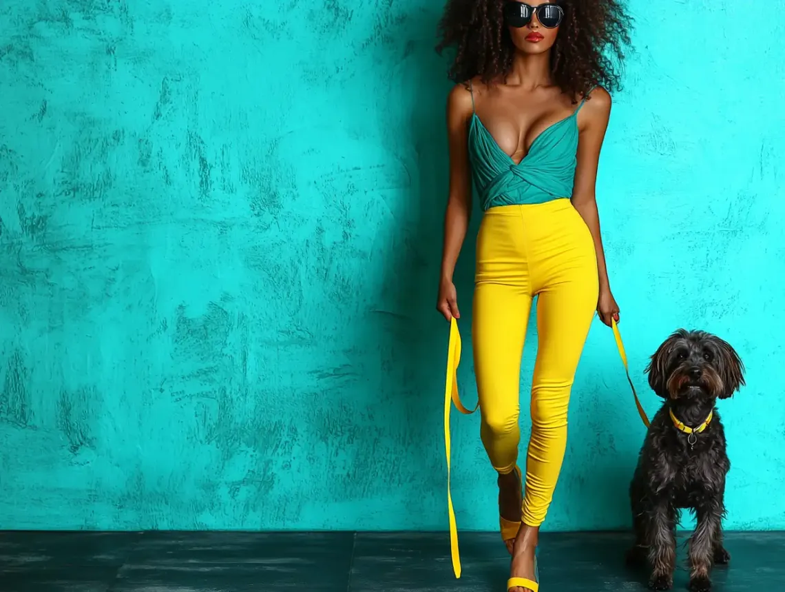 Woman in vibrant yellow pants and green top standing with a friendly dog.