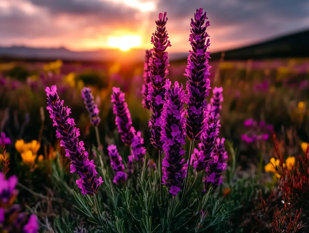 Sunset over a vast field of purple flowers with a pastel colored sky creating a tranquil setting.