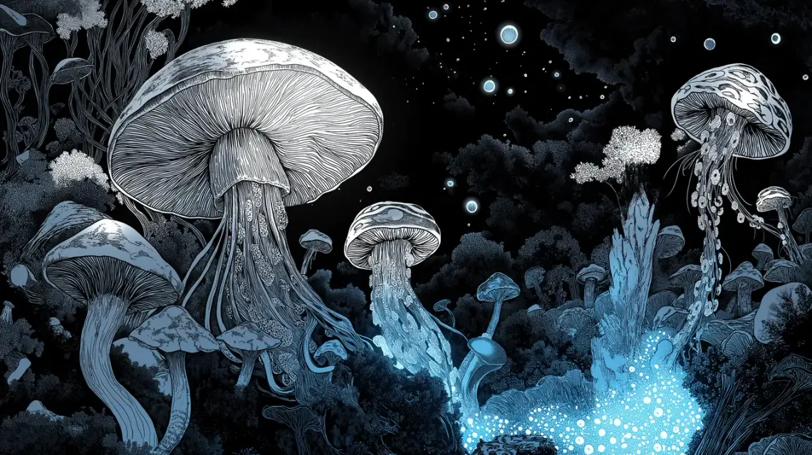 Surrealism-inspired artwork featuring mushrooms, squids, and jellyfish in a psychedelic theme.