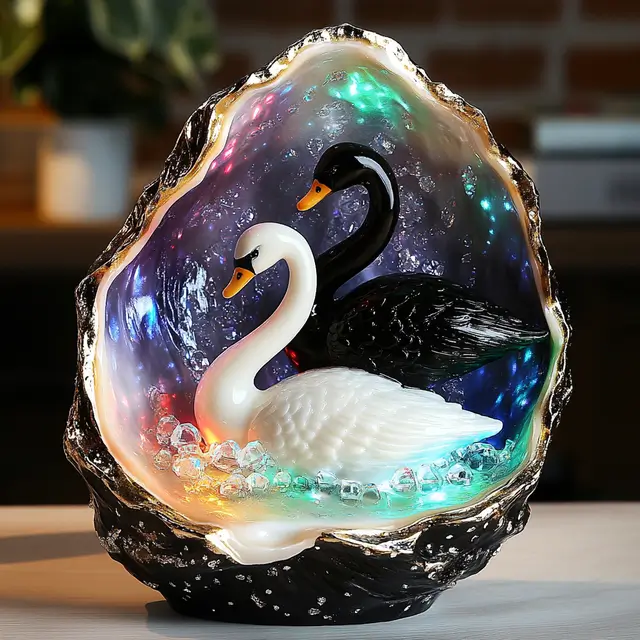 Swan model nestled inside an oyster shell with one black swan nearby.