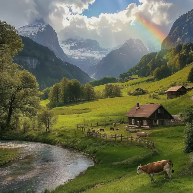 Paradise in Switzerland with a vibrant rainbow shining over a serene river.