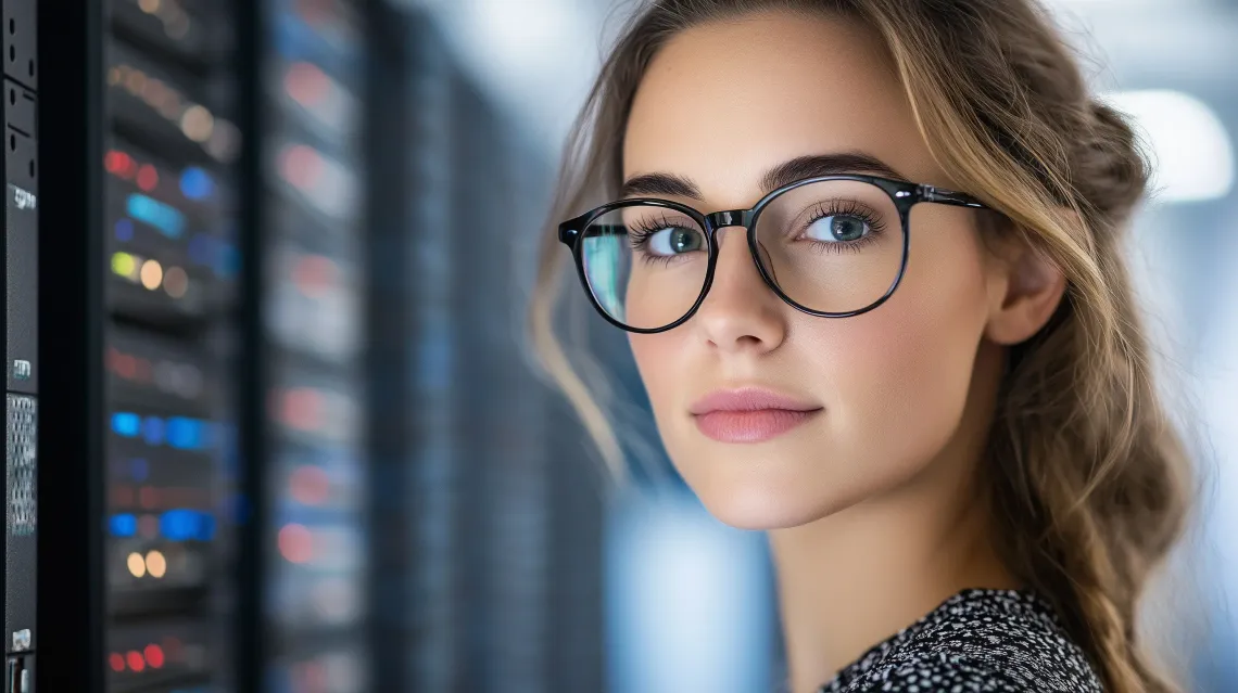 Attentive woman with glasses monitoring a server in a professional technology environment.