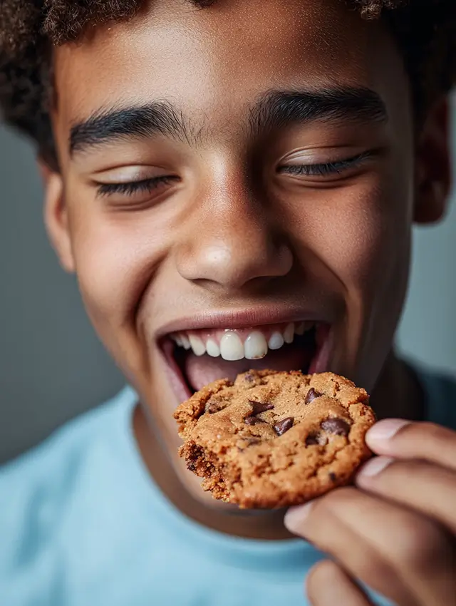 Close-up portrait of a teen eating a cookie.