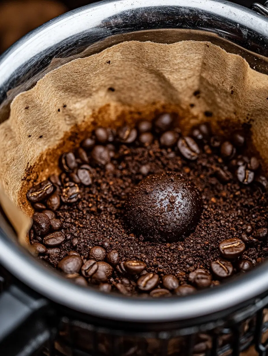 Coffee filterer filled with fresh, dark brown coffee beans prepared and ready for brewing.