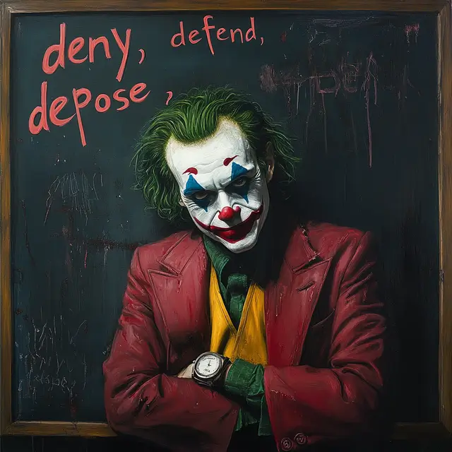 The Joker standing in front of a chalkboard with written words.