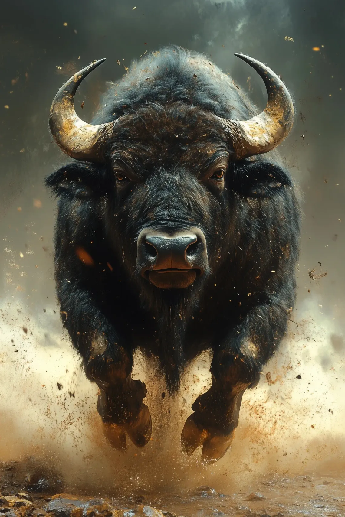 A powerful, dark-furred bull charging fast in a dirt field with sharp horns spread wide.