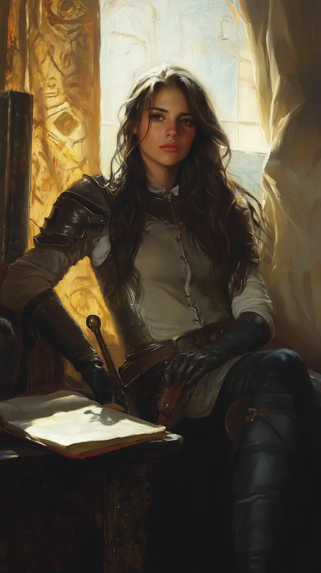 Eleanor Stoneheart, a graceful female knight, reading fantasy graphic novels and wielding a celestial blade.