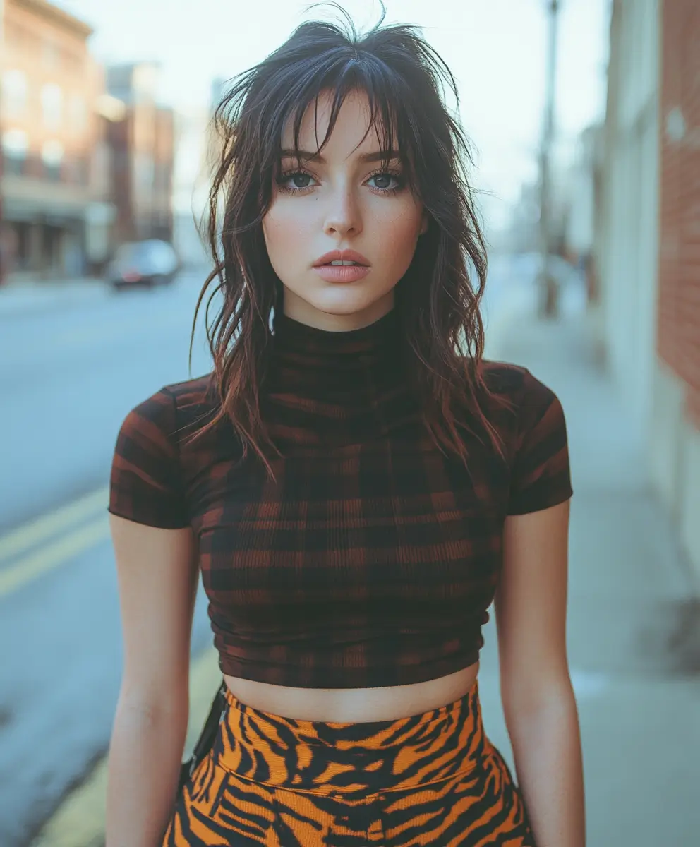 Fashionable woman confidently wearing a tiger print skirt with a chic turtle neck top.