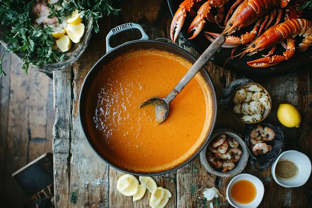 Vibrant top-down view of a seafood boil table setup.