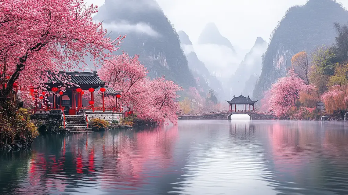 Traditional Chinese landscape with serene river and pagoda.