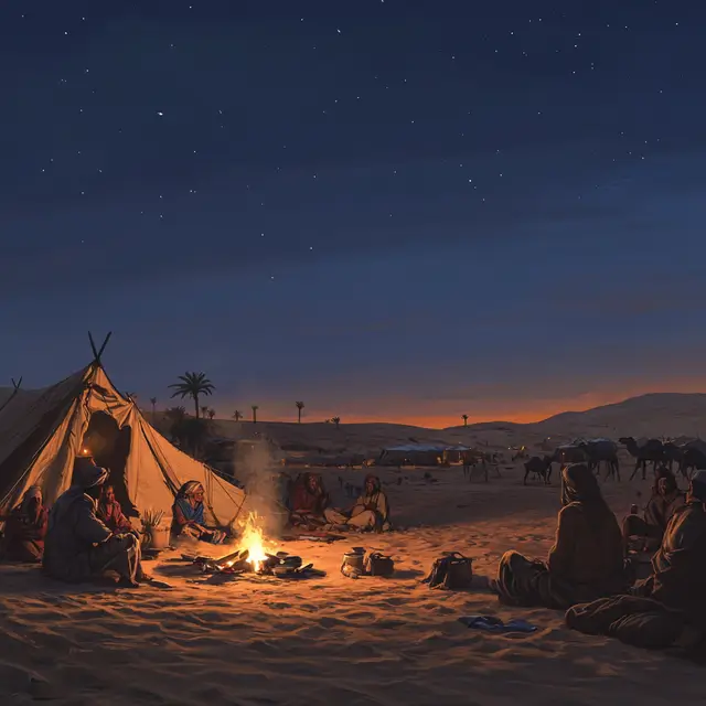 Tuareg camp scene depicting people sitting around a campfire.