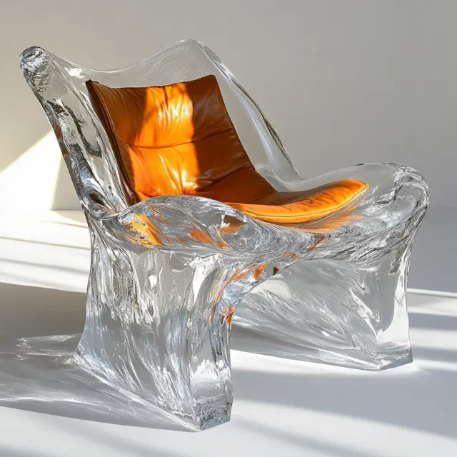 Transparent glass chair with an orange leather cushion