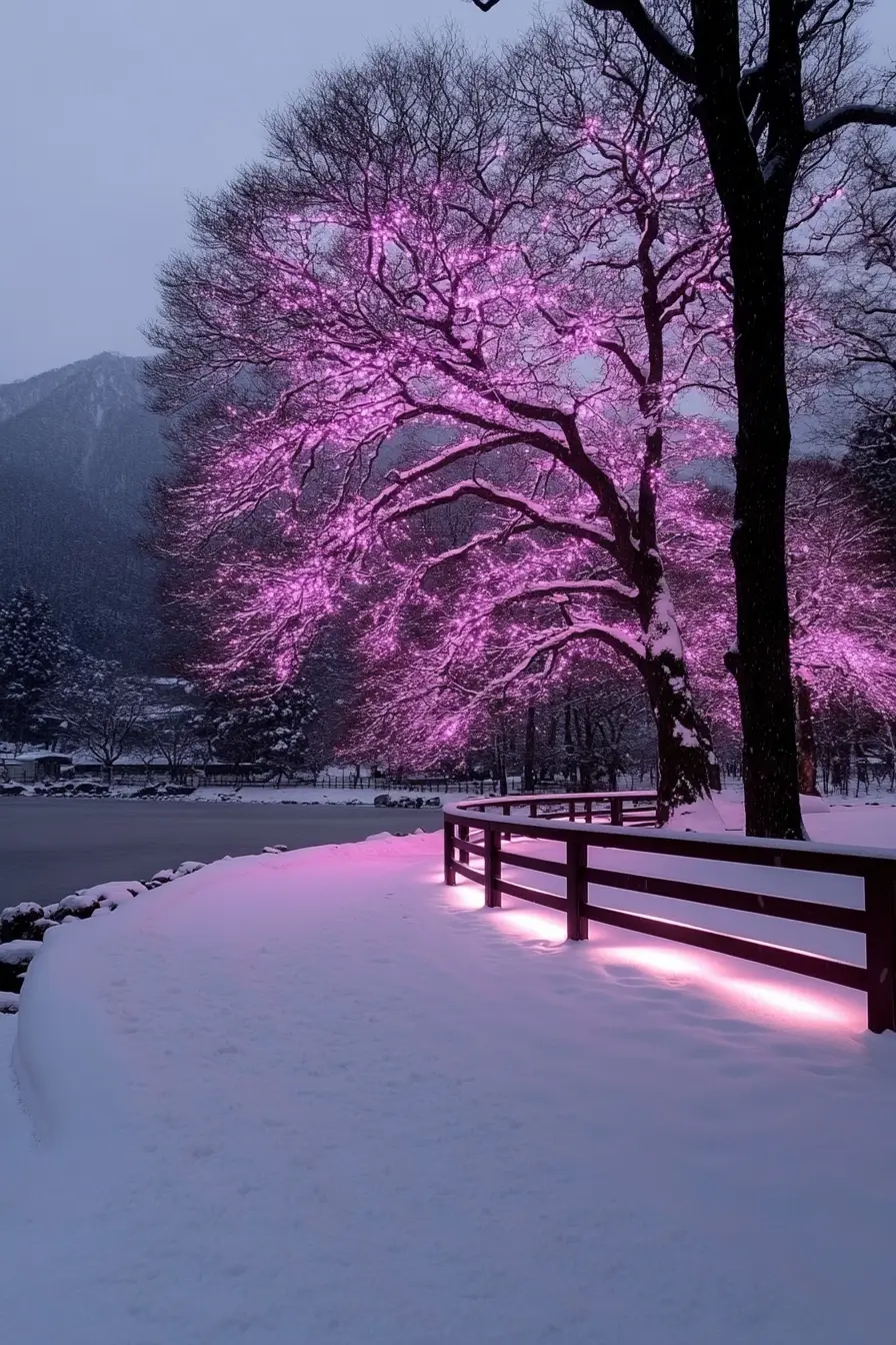 Tree covered in snow and pink lights beside in a tranquil, serene winter scene.