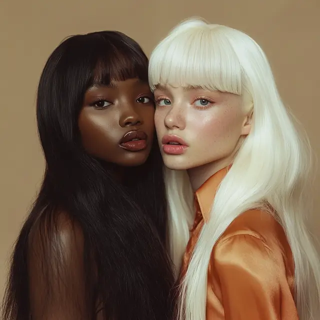 Two fashionable young individuals at a wig advertisement photo shoot.