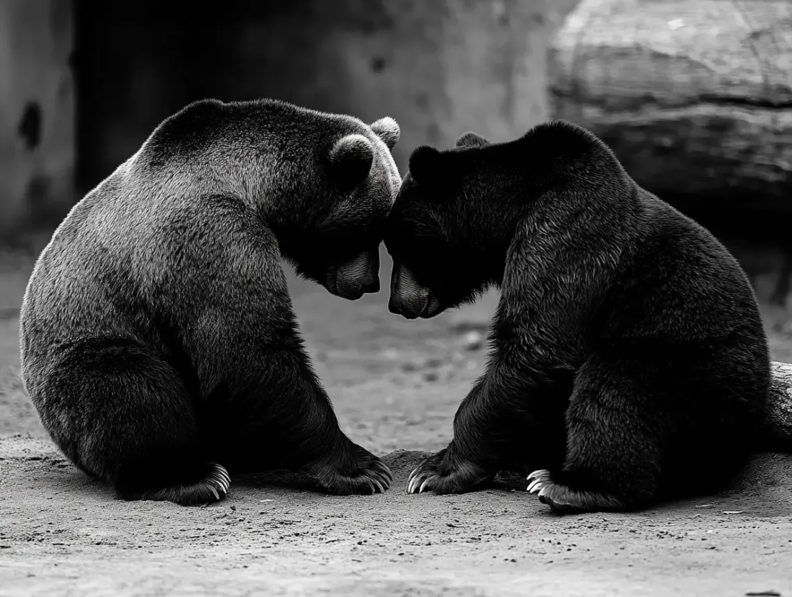 Two bears sitting on the ground touching heads in a tender moment, in a serene and peaceful setting.