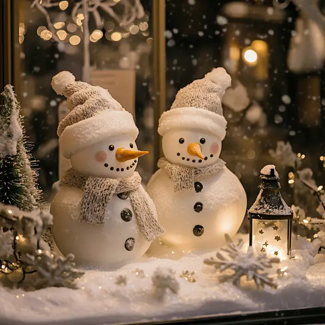 Two beautifully decorated and detailed cute snowmen in a snowy setting.