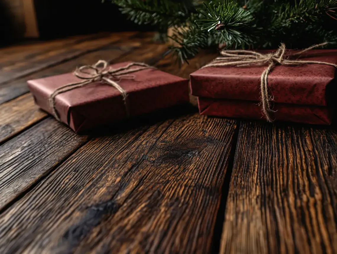 Two beautifully wrapped gifts on a rustic wooden floor, signifying anticipation and celebration.