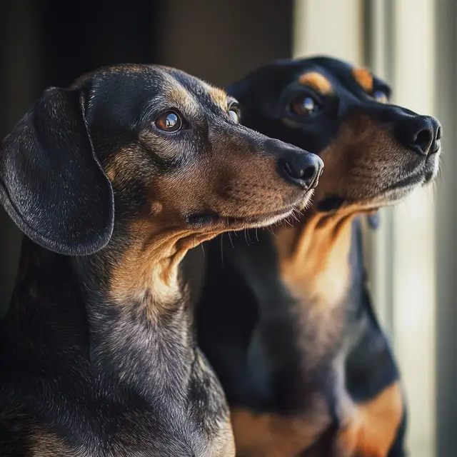 Two dachshunds sitting and looking off into the distance.