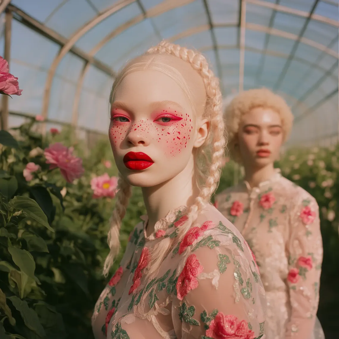 Two elegant women with pink makeup in a lush greenhouse, admiring vibrant flowers in a serene setting.