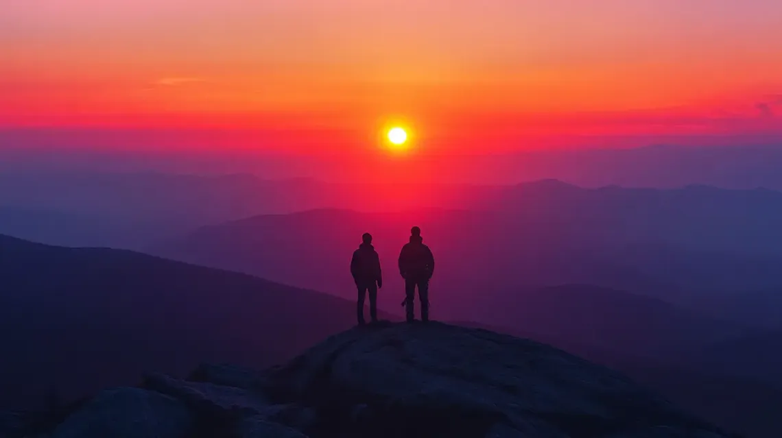 Two people standing on a stunning mountain vista.