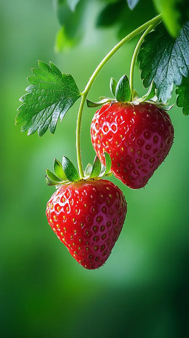 Two strawberries hanging from a branch.