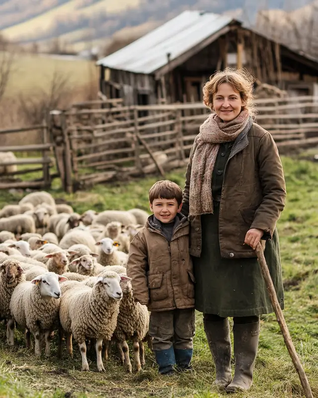  A Ukrainian mother and her son standing together in the middle of a field.