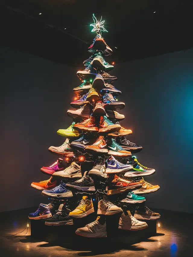 Christmas tree creatively made of Nike sneakers.