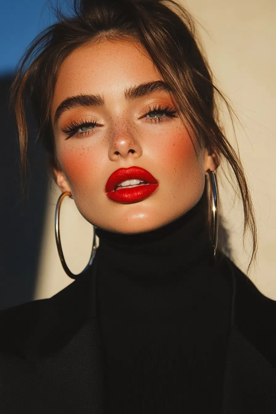 Elegant woman with red lipstick and hoop earrings showcasing her confident and alluring expression.